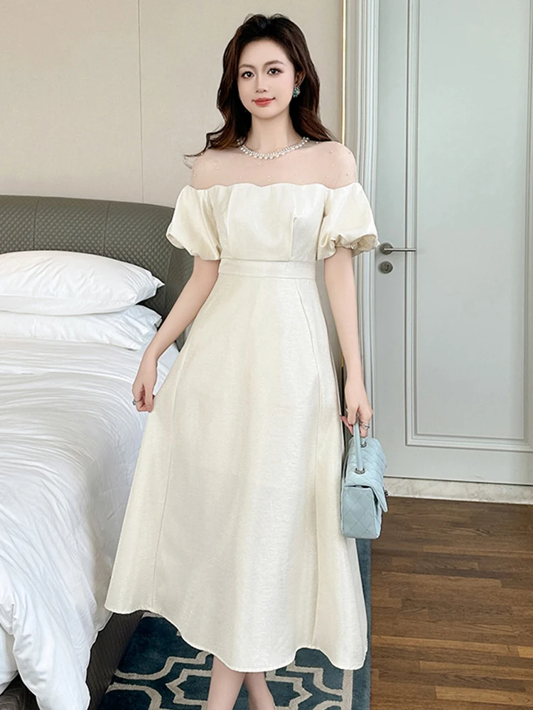 ฤดูร้อนหรูหราชุดราตรีชุดเสื้อผ้าผู้หญิง Retro Chic Sheer เซ็กซี่พัฟแขน Slim Midi Robe Party วันเกิด Vestidos