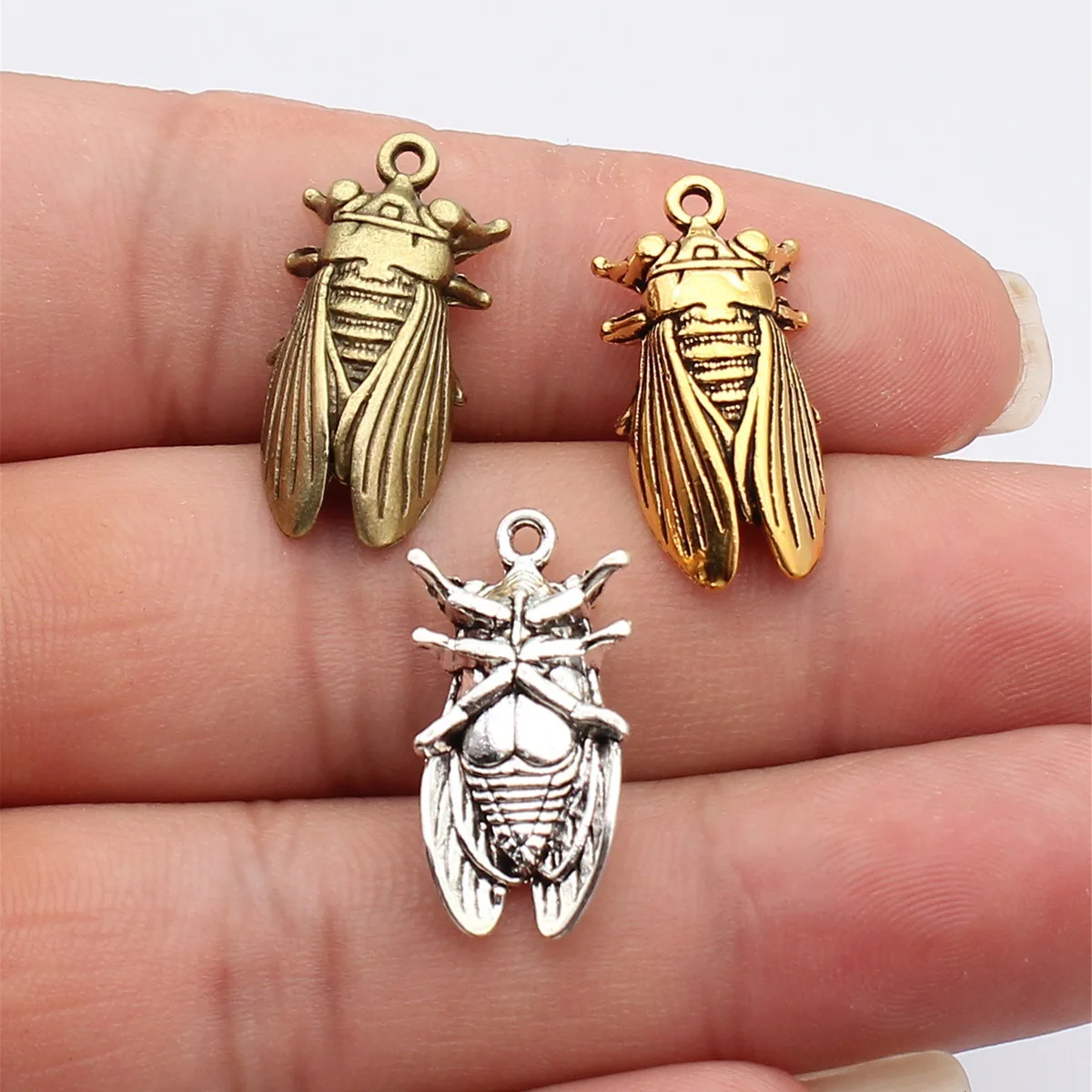WYSIWYG 5pcs 25x12x6mm 3 Colors Antique Bronze Color Antique Silver Color Antique Gold Color Insect Cicada Charms
