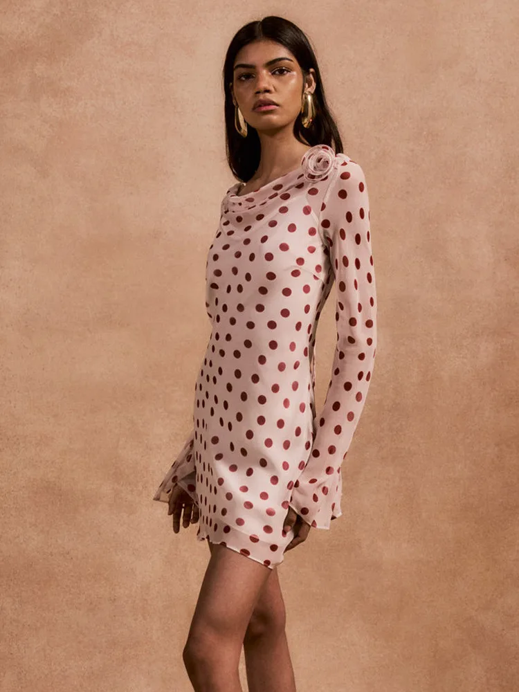 Absobe Dames Pure Chiffon Polka Dot Mini-jurk Swing Hals Lange Mouw Sexy Backless Stropdas Slanke Korte Jurk Y2K Partywear Outfit