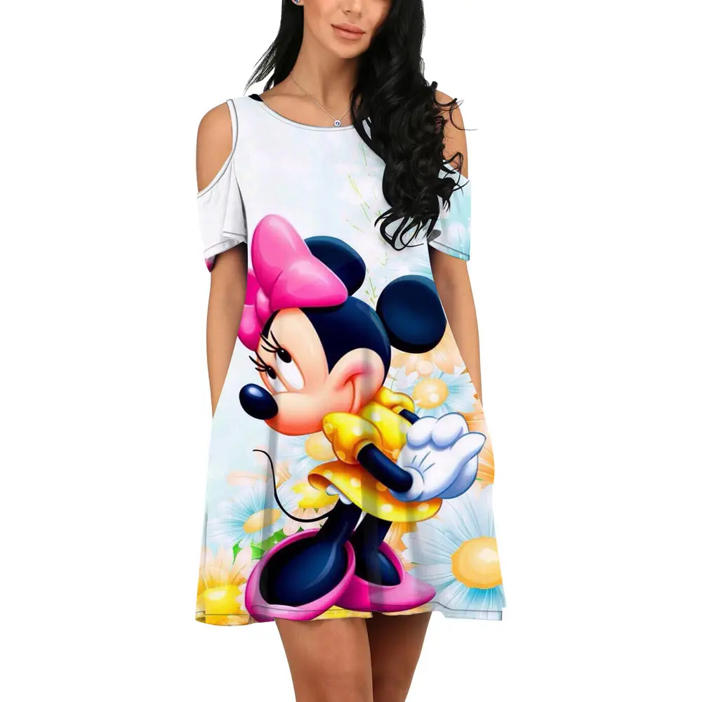 Fashion Nightclub Party Disney Brand Mickey and Minnie Anime 2022 Summer New Elegant Sexy Off-the-shoulder Korean Slim Dress