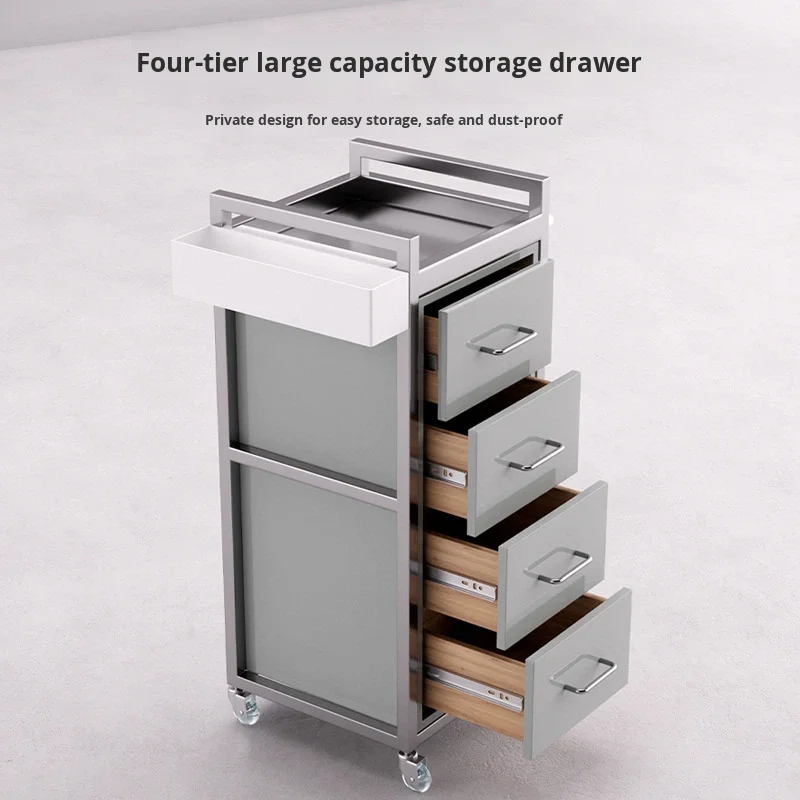 Modern Stainless Steel 4-Wheel Durable Salon Trolley for Barber Shop & Hair Cutting Tools Perm Dye Storage Cart