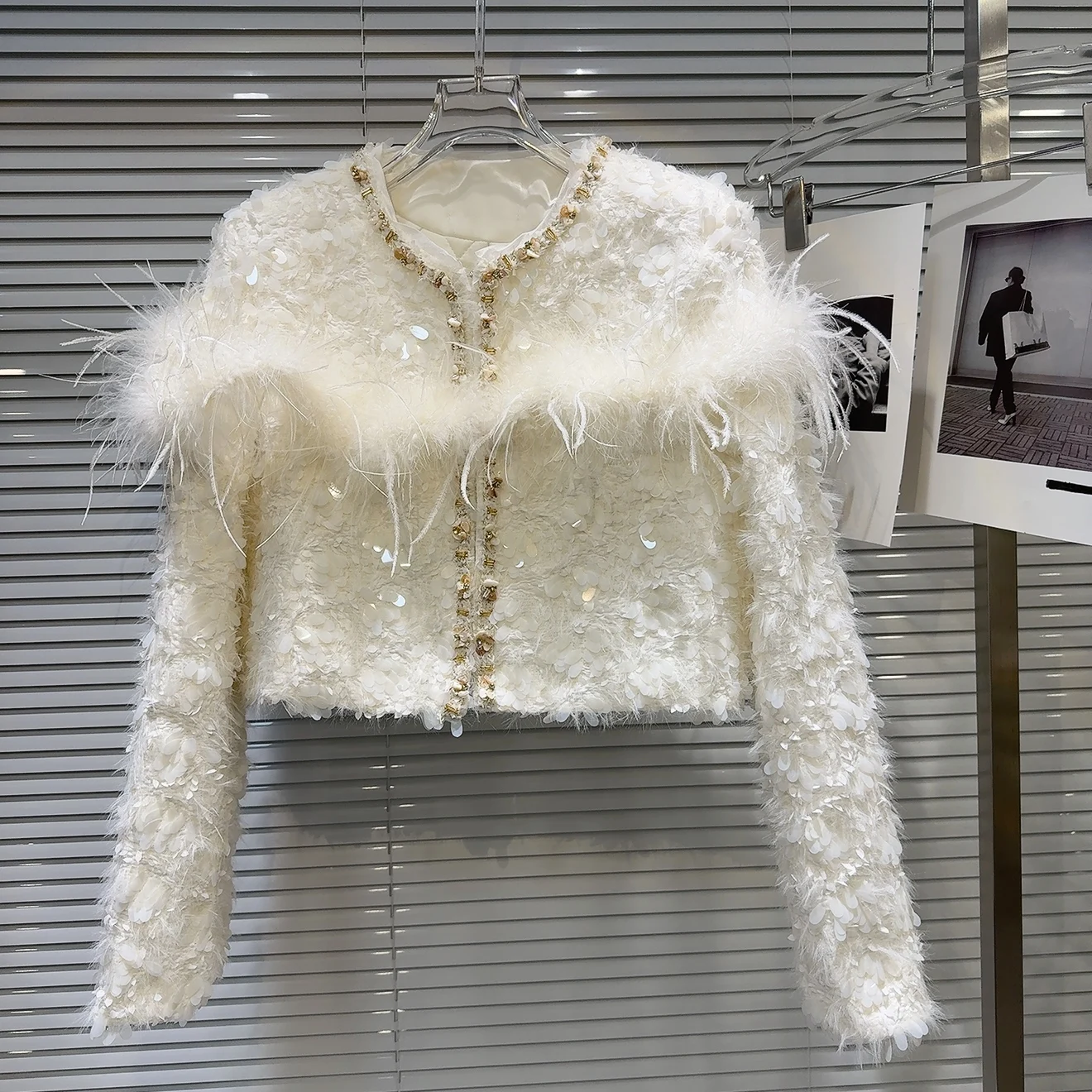 2024年冬新作ファションオートウェア綿ウール混紡パール装飾フェザー装飾レディライクストレートカットコート