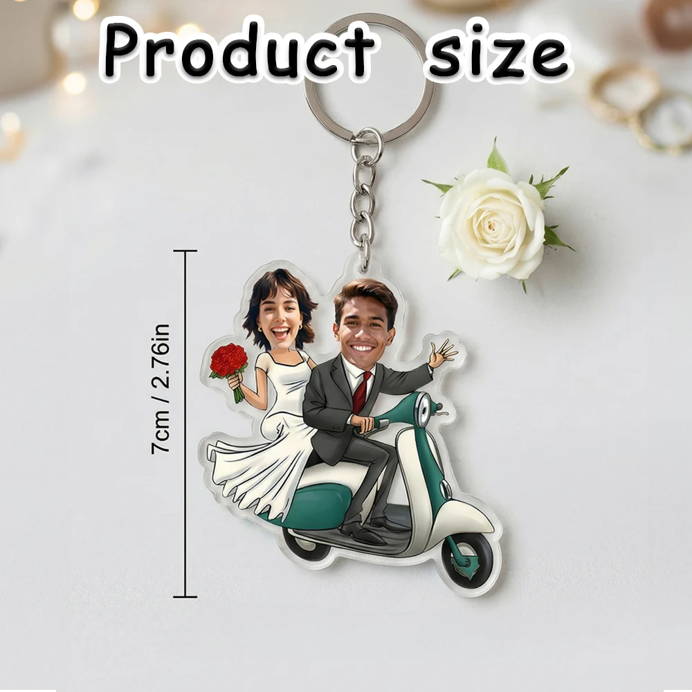 Personalized Wedding Couple Photo Keychain,Custom Upload Faces Acrylic Keyring,Bride Groom Cartoon Scooter & Car Charm.