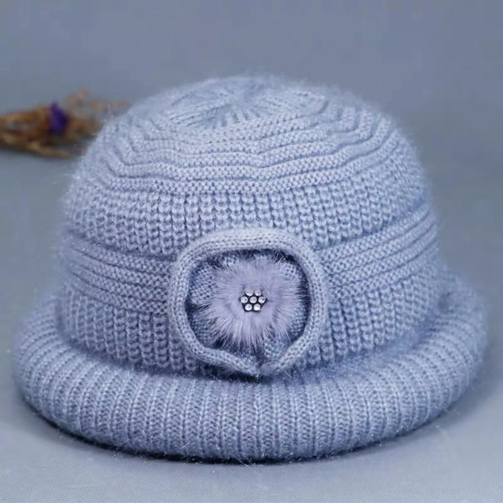 New Flower Decor Knitted Hat Thickened Coldproof Plush Warmth Hat Big Size Winter Cap Middle-aged And Elderly