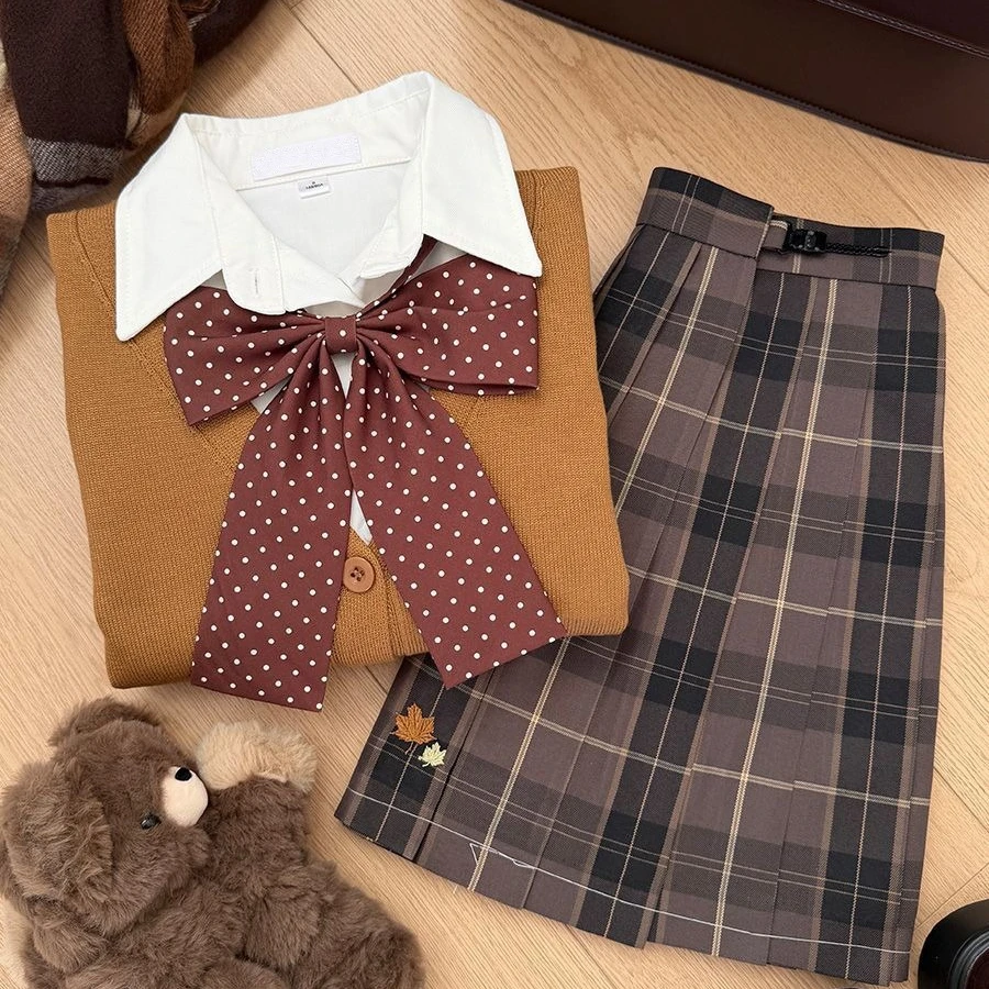 Cute Japanese and Korean Style JK Uniform Set with Plaid Skirt and Cardigan Preppy Style Autumn and Winter Role Play Student