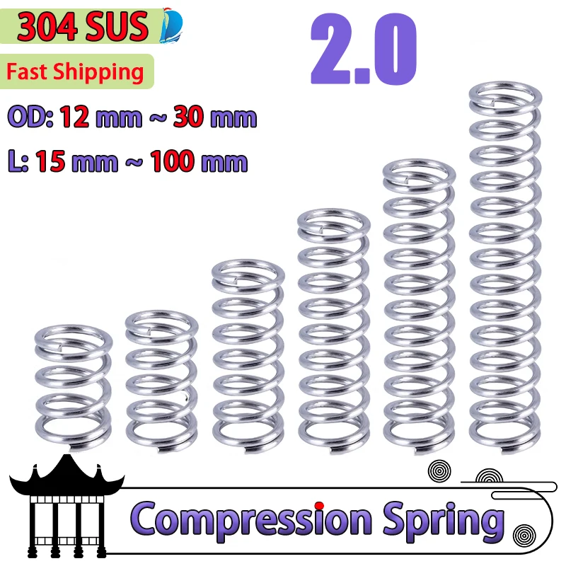 Wire Diameter 2.0mm 304 Stainless Steel Compression Spring Shock Absorbing Return Spring Damping Pressure Spring Custom 5 Pcs