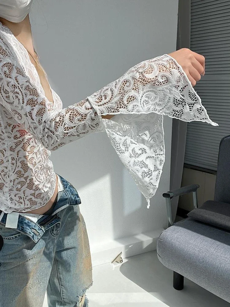 Y2k estética vintage rendas jacquard camisetas streetwear magro sexy oco para fora grunge tshirts harajuku branco bottoming colheita topos