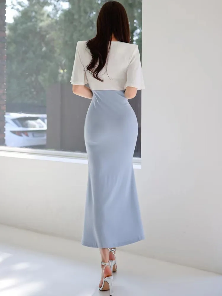 2025 أنيقة محبوك فستان طويل المرأة موضة س الرقبة قصيرة الأكمام Bodycon فساتين الإناث الجلباب سترة vestidos الفقرة mujer