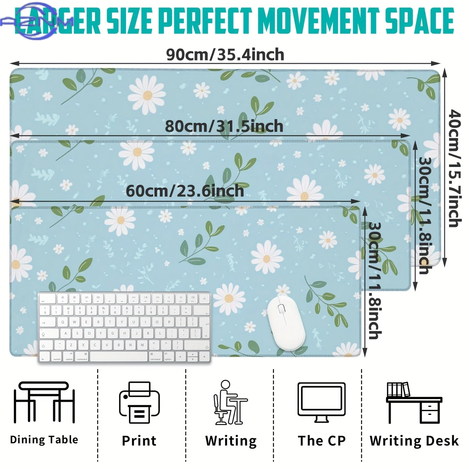 Large Light Blue Floral Desk Mat - Non-Slip Rubber Base, Stylish Keyboard and Mouse Pad for Office or Gaming, Perfect Gift for T