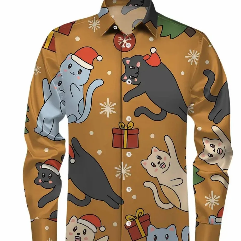 

Men's plus Size Christmas Cartoon Print Shirt Long Sleeve Lapel Button Cardigan High-Quality Holiday Party Spring Autumn
