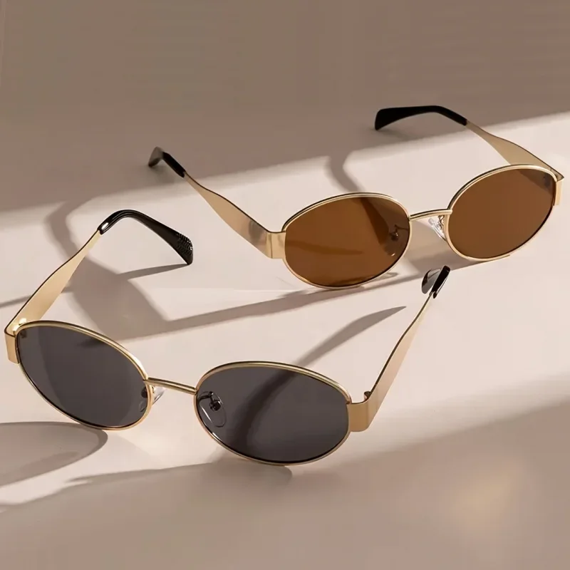 2pcs/ Oval Shape Metal Sunglasses Classic Men's Vintage Sun Glasses Women Outdoor Leisure Eyewear UV400 Ladies Shades image 4