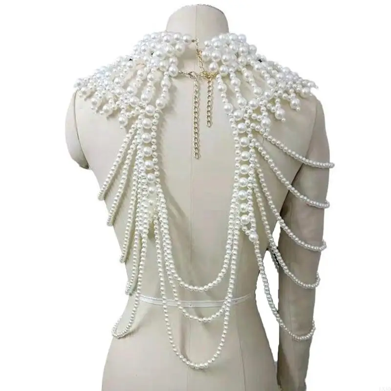 LXAD Women Vintage Multi Strands Faux Pearl Body Statement Necklace Adjustable High Collar Bib Handmade Jewelry Shoulder Chain