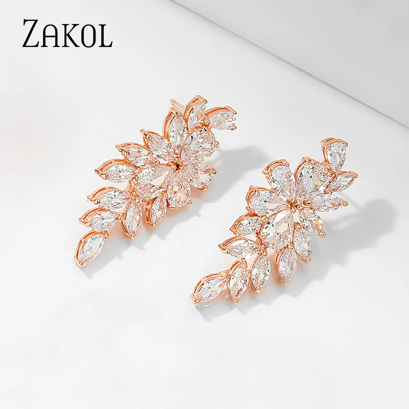 ZAKOL Marquise Cut Flower Zirconia Crystal Long Drop Earrings for Women Shiny Leaf CZ Stone Bridal Wedding Jewelry EP2415