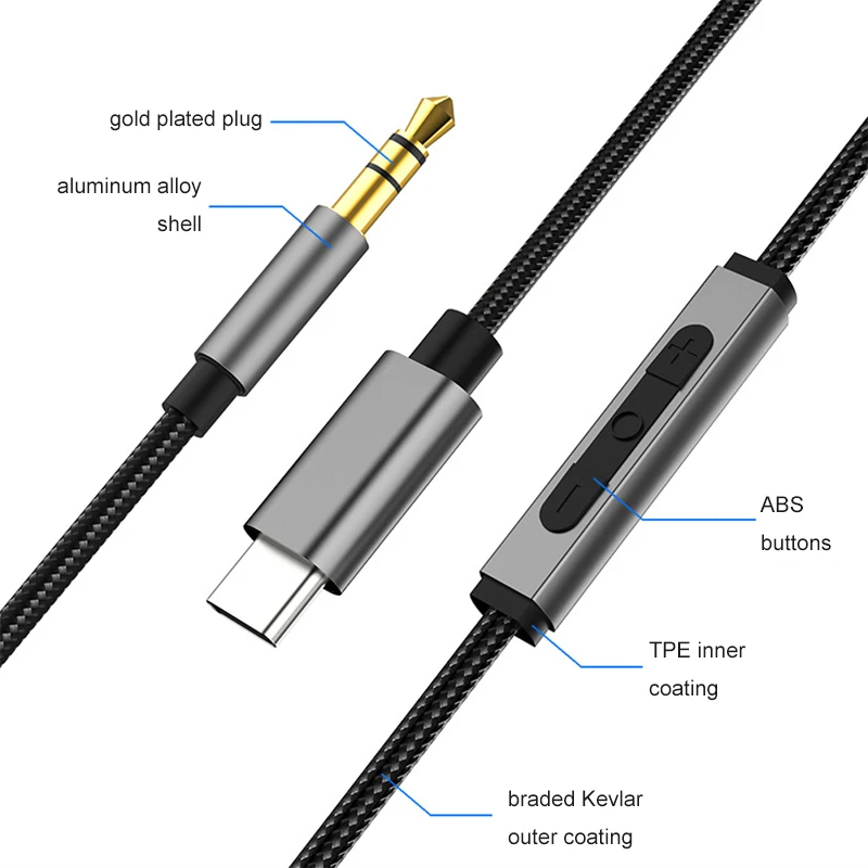 Type C to 3.5mm AUX 3.5 Jack Headphones Adapter Wire Audio Extension Cables Line Control Mic Connector for Xiaomi Samsung Huawei