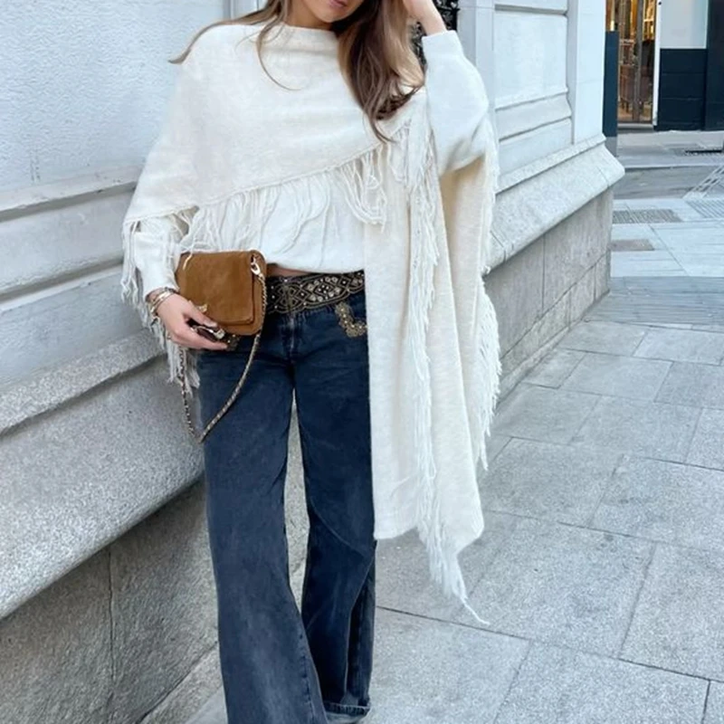 Combhasaki Damesponcho Wollen Sjaal Verpakt Cape Pashmina met Kwastjes Y2k Poncho Trui Gebreid Vest voor Herfst en Winter