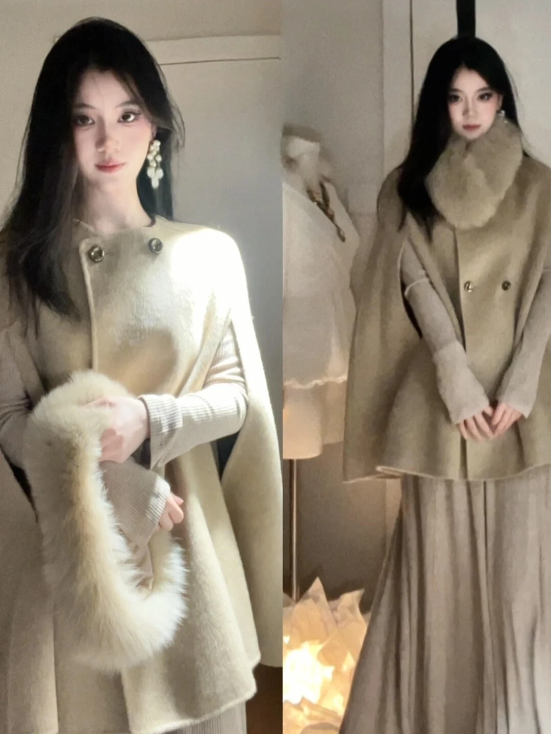 

Autumn Winter Large Size Women's Knitted Fur Collar Coat O-Neck Warm Cloak Outerwear Casual High Waist Long Sleeve Dress