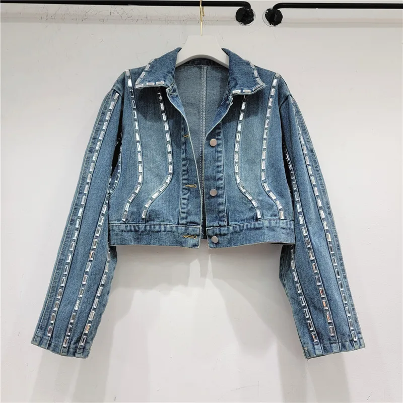 

Fashion Diamond Blue Short Denim Coat Spring Autumn Women Casual Lapel Long Sleeve Single-breasted Jeans Jacket Coat Veste Femme