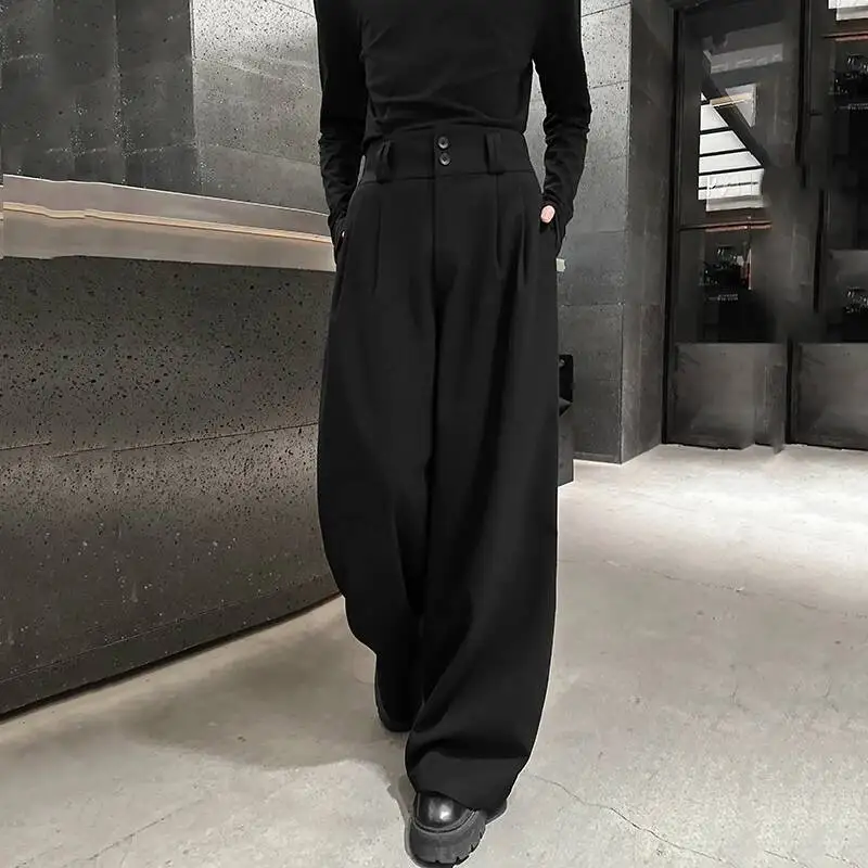 Korean Style Men's Suit Pants Casual Pleated Design Solid Color Wide Leg All-match Simple Straight Male Trousers New 9XWPV4