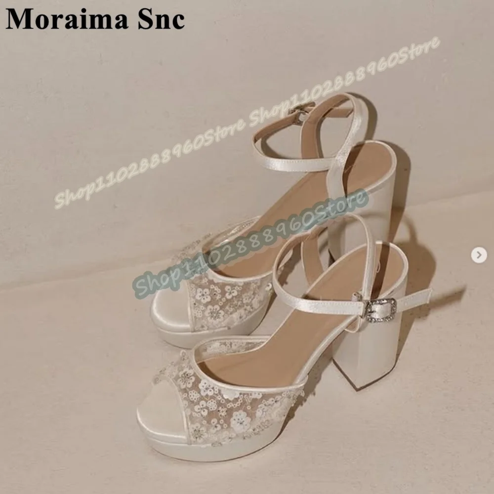 

White Satin Sequins Platform Wedding Sandals Chunky High Heel Women Shoes Ankle Buckle Strap Peep Toe Elegant Luxury Sandals