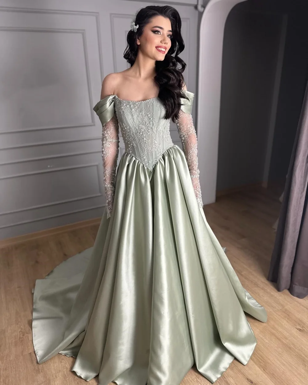 

Customized Formal Women Charmeuse Beading Lace A-line Evening Dresses Off-the-shoulder Three Quarter Sleeve Floor Lenght Dresses