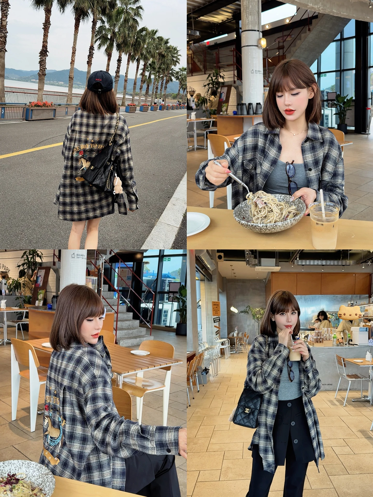 

Laid-back Style Embroidered Shirt Year American Retro Cotton Long Sleeve Women's Open Cardigan Mid-Length Checkered Pat...