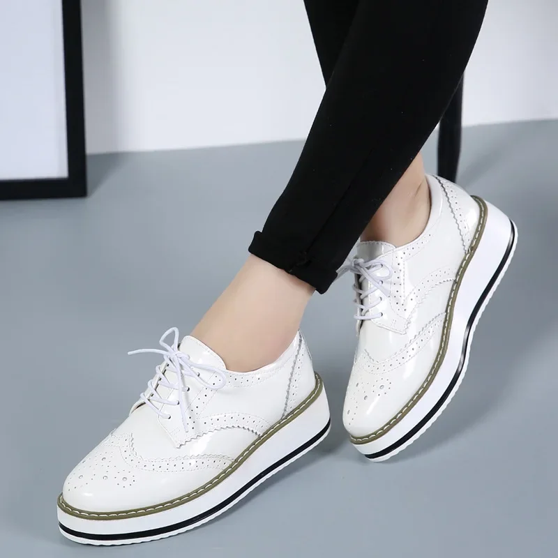 Women Platform Flats Leather Lace Up Classic Bullock Footwear Female 2023 Spring Autumn Oxford Shoes Plus Size 43 Zapatos Mujer