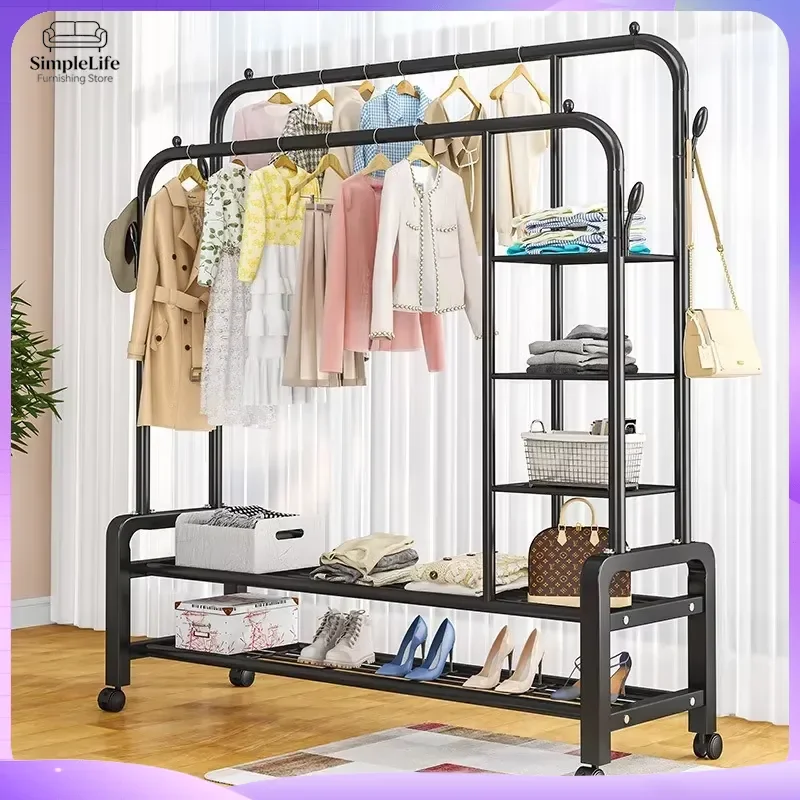 Metal Coat Rack Stand Double Rod Hat Bag Shoe Hanger Storage Organizer Household 5 Tier Clothes Drying Rack Entryway