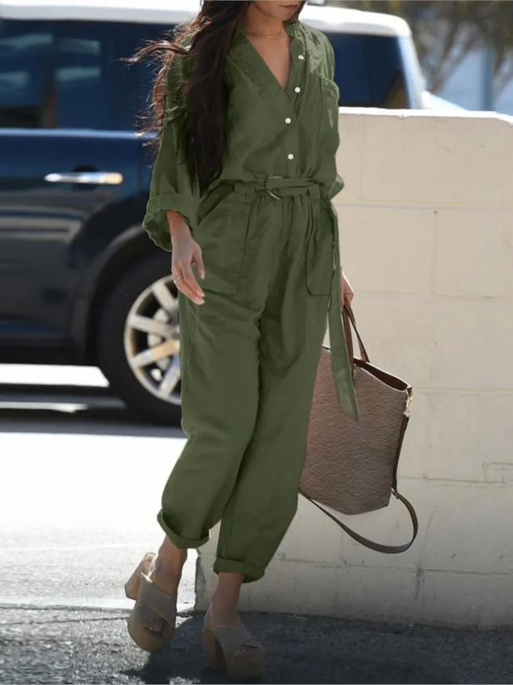 Autumn New Cotton And Linen Jumpsuit Women Solid Color Long Sleeves Buttons High Waist Leace-up Casual Vintage Ladies Jumpsuits
