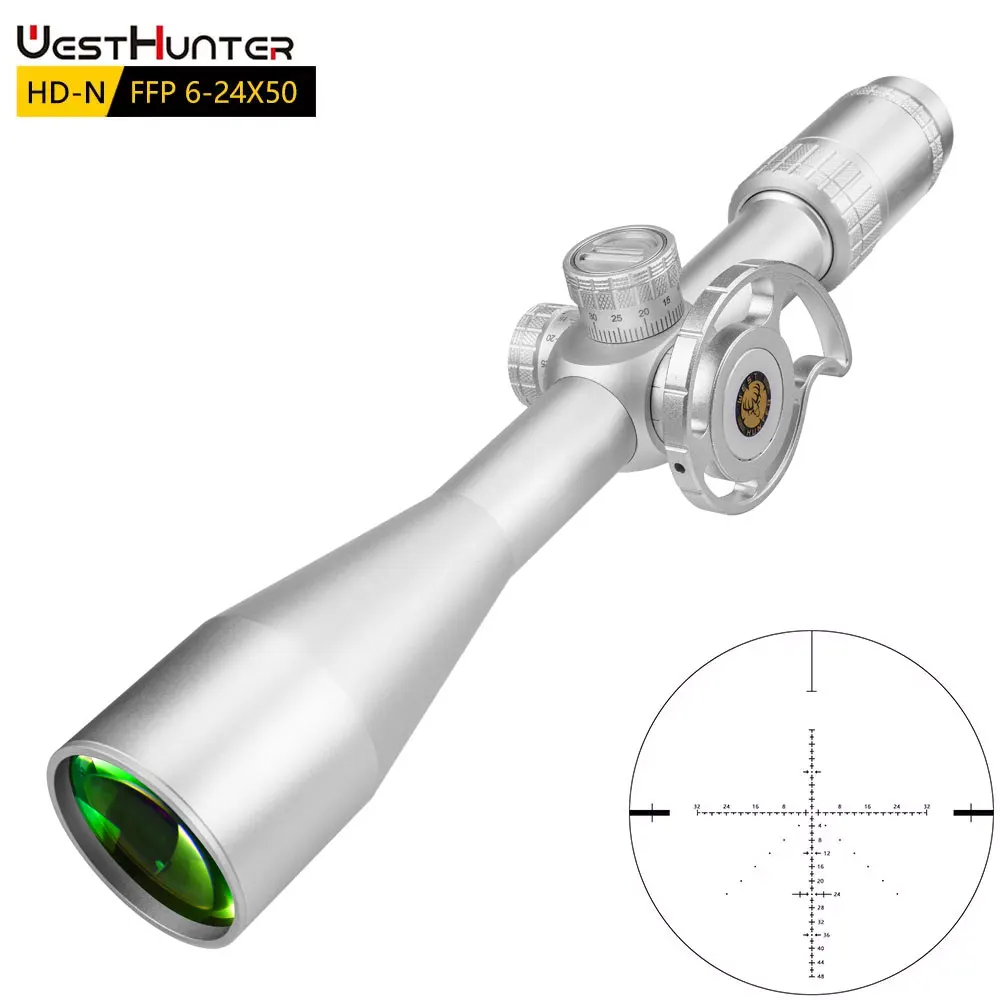 

WestHunter HD-N 6-24X50 FFP Scope Silver Hunting First Focal Plane Riflescope Side Parallax Wheel Tactical Optical Sights