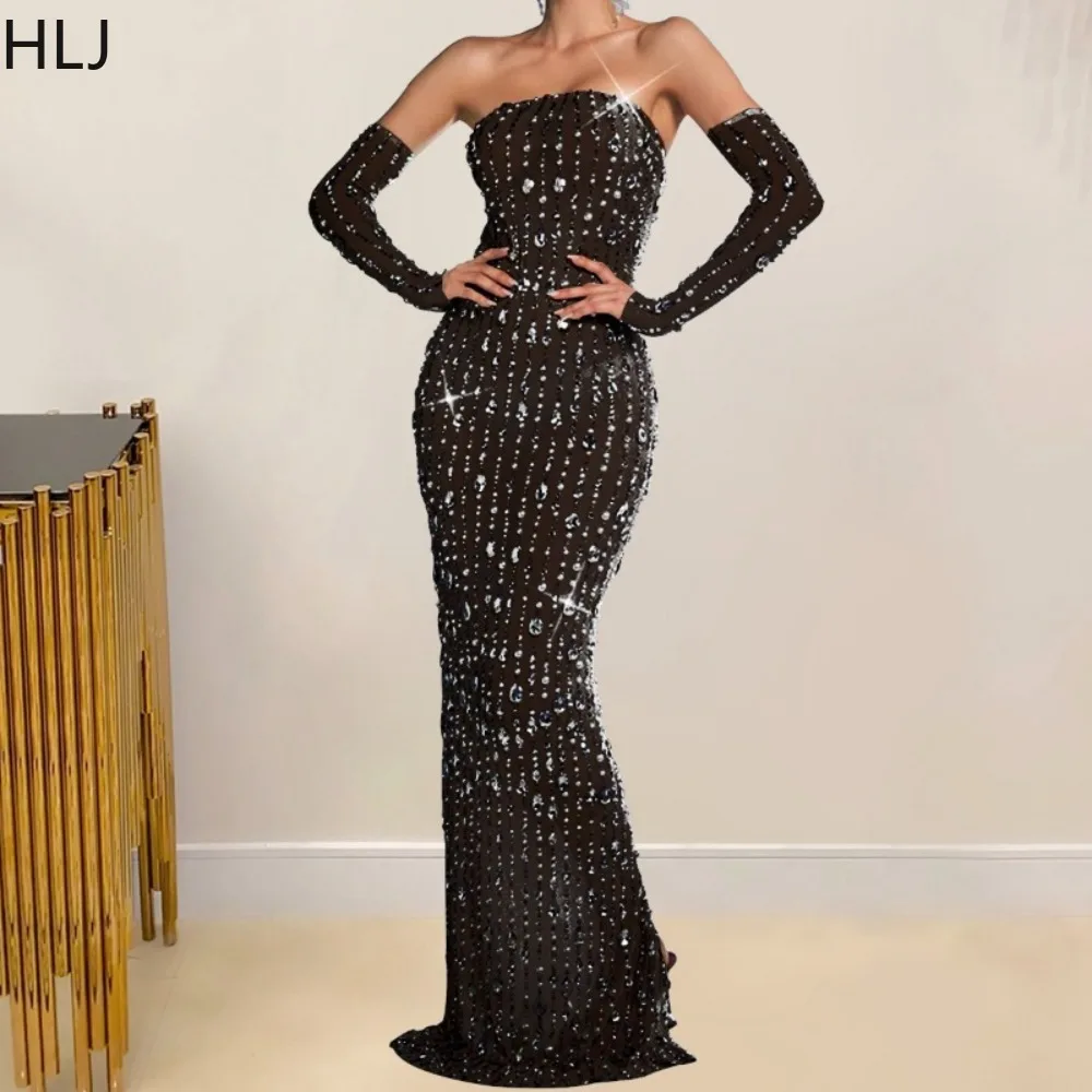 

HLJ Fashion Rhinestone Bodycon Evening Party Long Dress 2024 Women Off Shoulder Slit Vestidos Female With Sleeve Glove Clothing