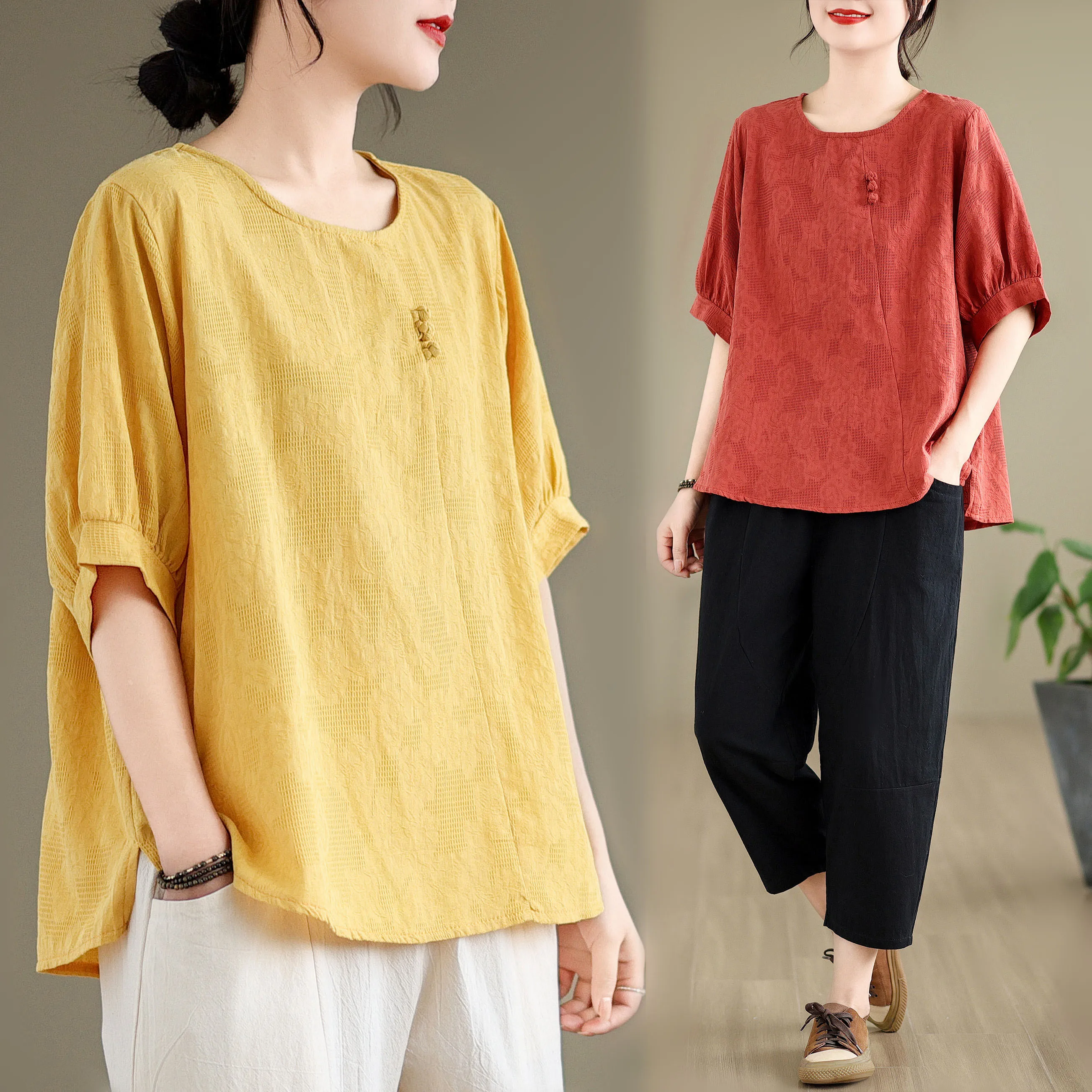 

Лето 2023, женский свободный крой из хлопка и льна, комплект из топа с китайским принтом и брюк Харлан, повседневный ансамбль Faion