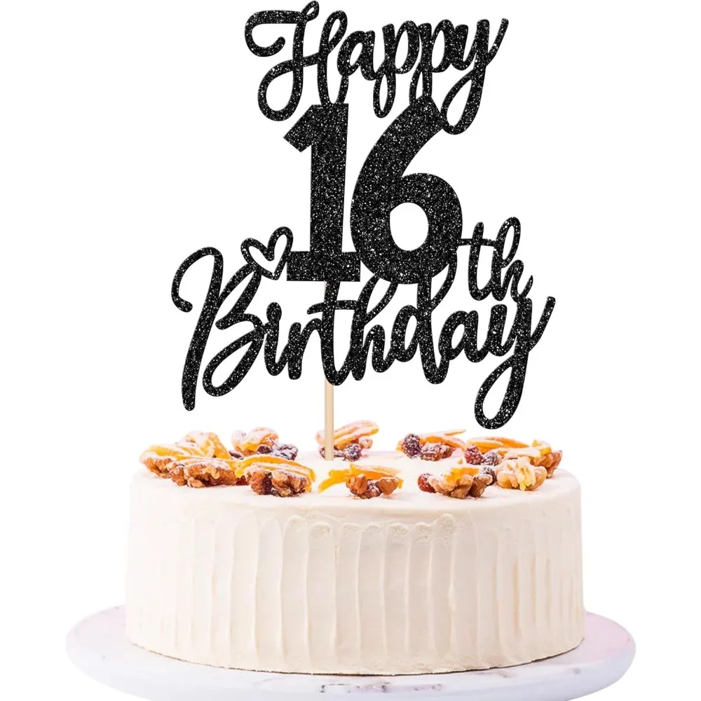 Schwarzer Tortenaufsatz zum 16. Geburtstag – Süße 16. Geburtstagskuchendekoration, elegantes schwarzes Glitzer-Partyzubehör für Mädchen und Jungen – Detail 1