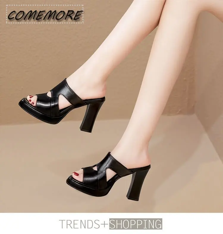 New 2023 High Heels Slippers Women Platform Shoes Summer Block Heel Leather PU Slides Ladies Office Casual Fashion Plus Size 43