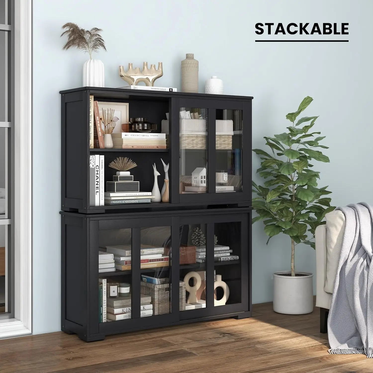 Buffetdressoir met opbergruimte, glazen schuifkast met 2 deuren, verstelbare plank, stapelbare keuken- en entreekast (zwart)