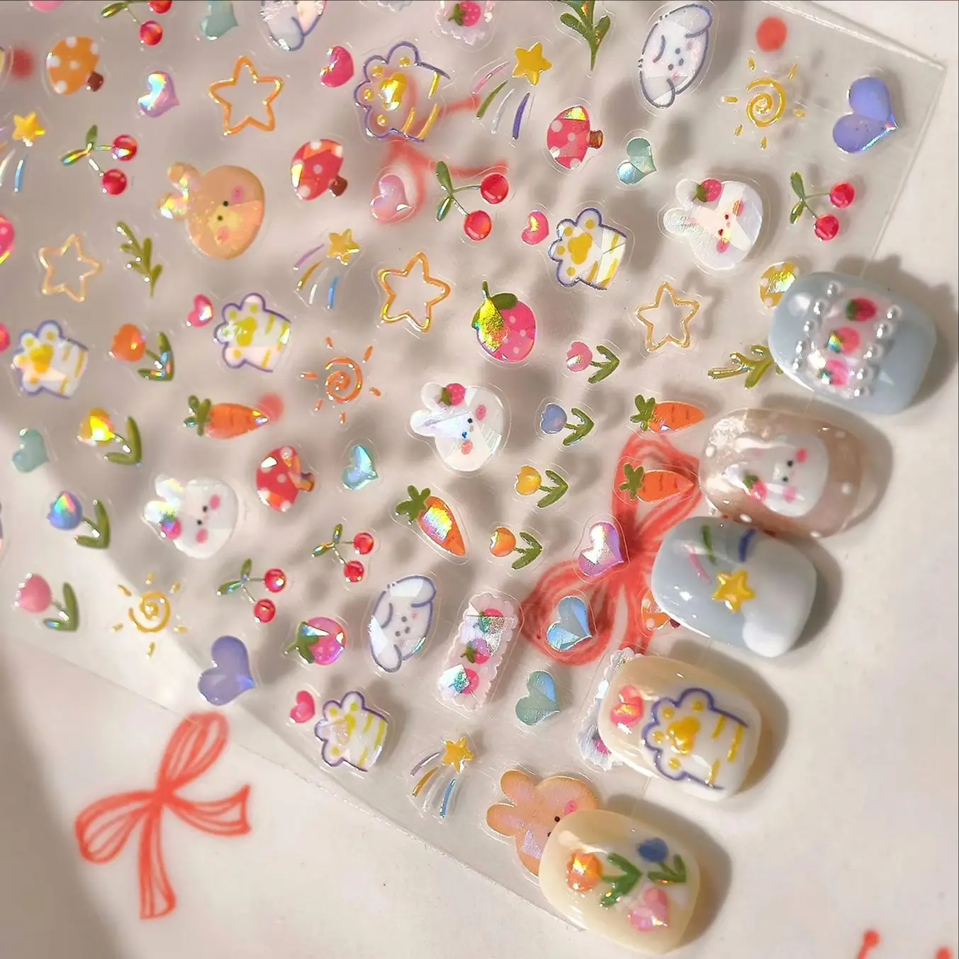

Cute Cartoon Rabbit Carrot Cherry Cat Dog Bear Bowknot Flower Love Heart Star Strawberry Cake Apple DIY Nail Art Stickers Decals