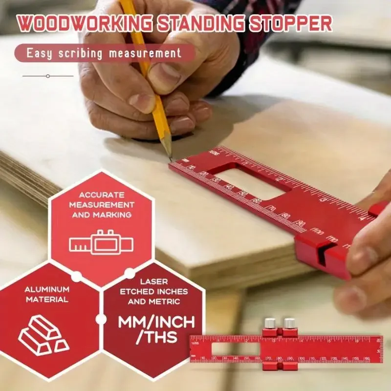 Wood Working Ruler Precision Pocket Rule 12, 8, 6 Inch Metal Slide Stop Marking Ruler Metric Inch Measuring Wood Working
