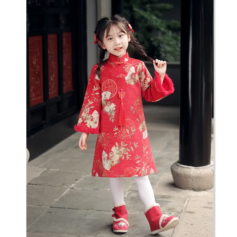 Chenille Qipao gaun anak perempuan lengan panjang berlapis ganda, perbaikan mode baru musim dingin 2023 gaun Malam Tahun Cina gadis elegan