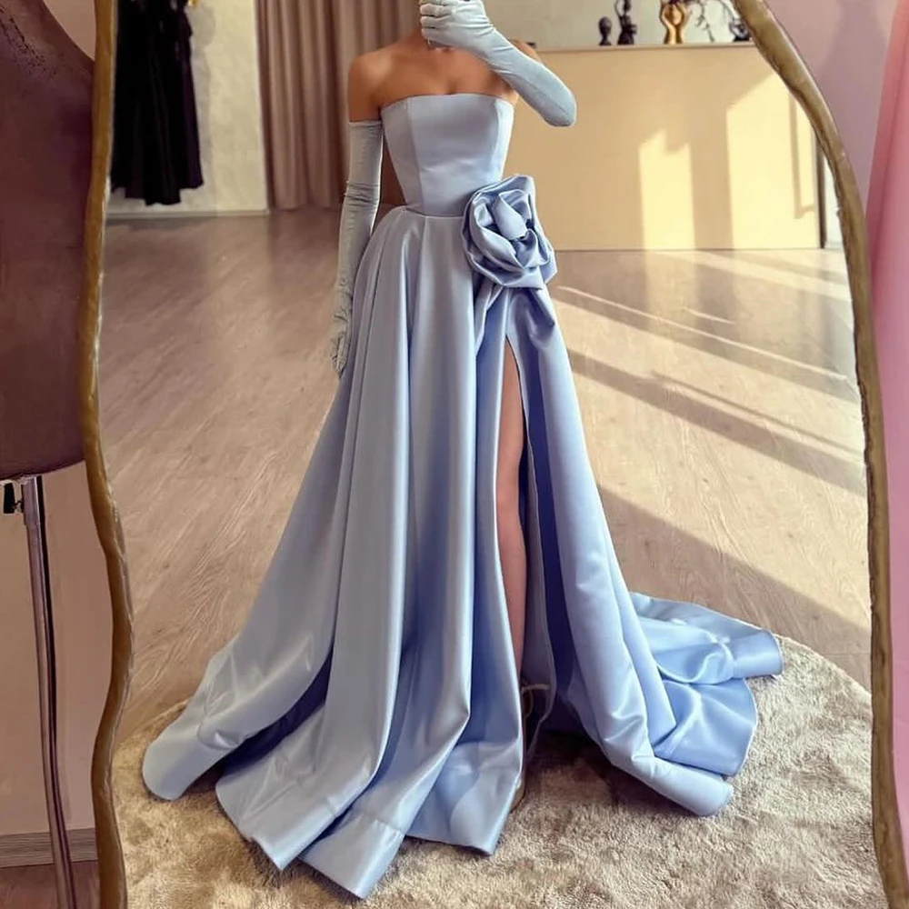 

Customized Satin A-Line Detachable Sleeve Flowers Evening Dress Side Slit Strapless Floor Length Panel Train Vestidos de fiesta