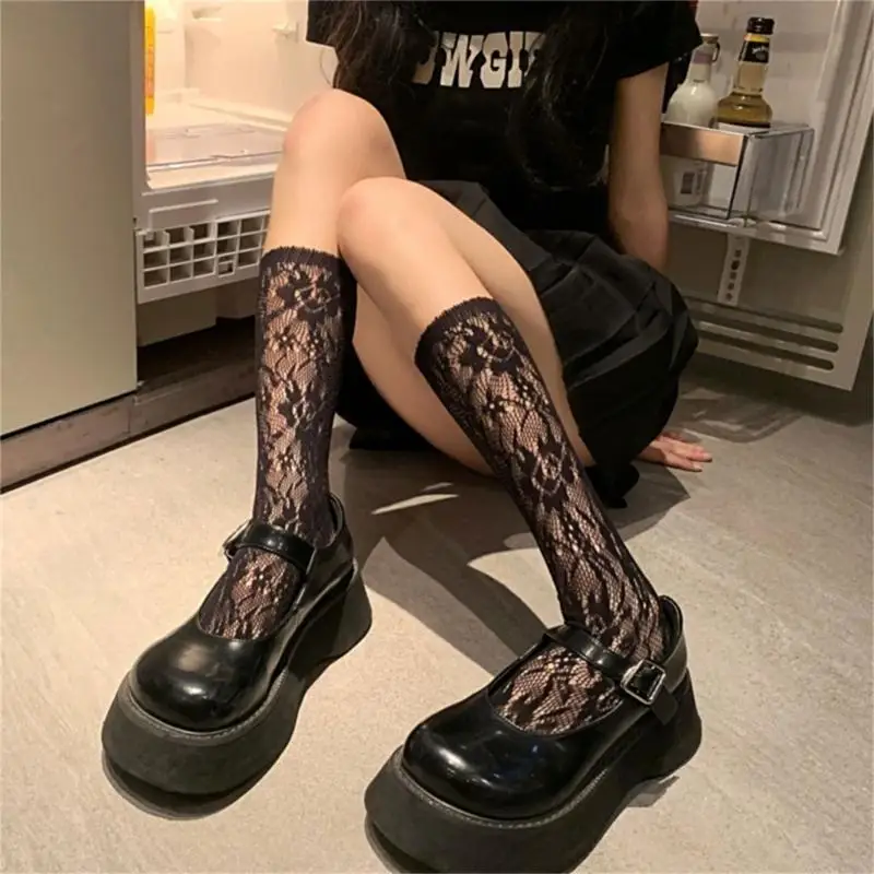 

P88A Women Summer Thin Mesh Calf Socks Floral Lace Jacquard High Tube Stocking