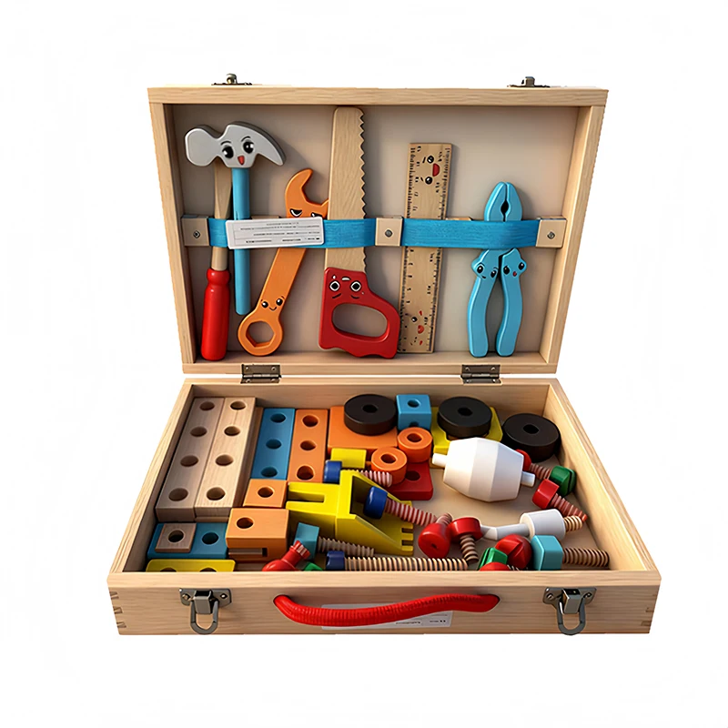 Simulation Wooden Toolbox Toy for Kids, Vehicle Assemble Building Blocks Puzzle and Educational Game Toy for Boys and Girls