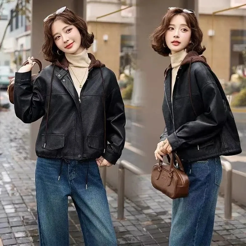 

New Women's Imitation Leather Coats Loose Winter Thick Plus Velvet Short Leather Jackets Fleece Detachable Knitted Hooded Coats
