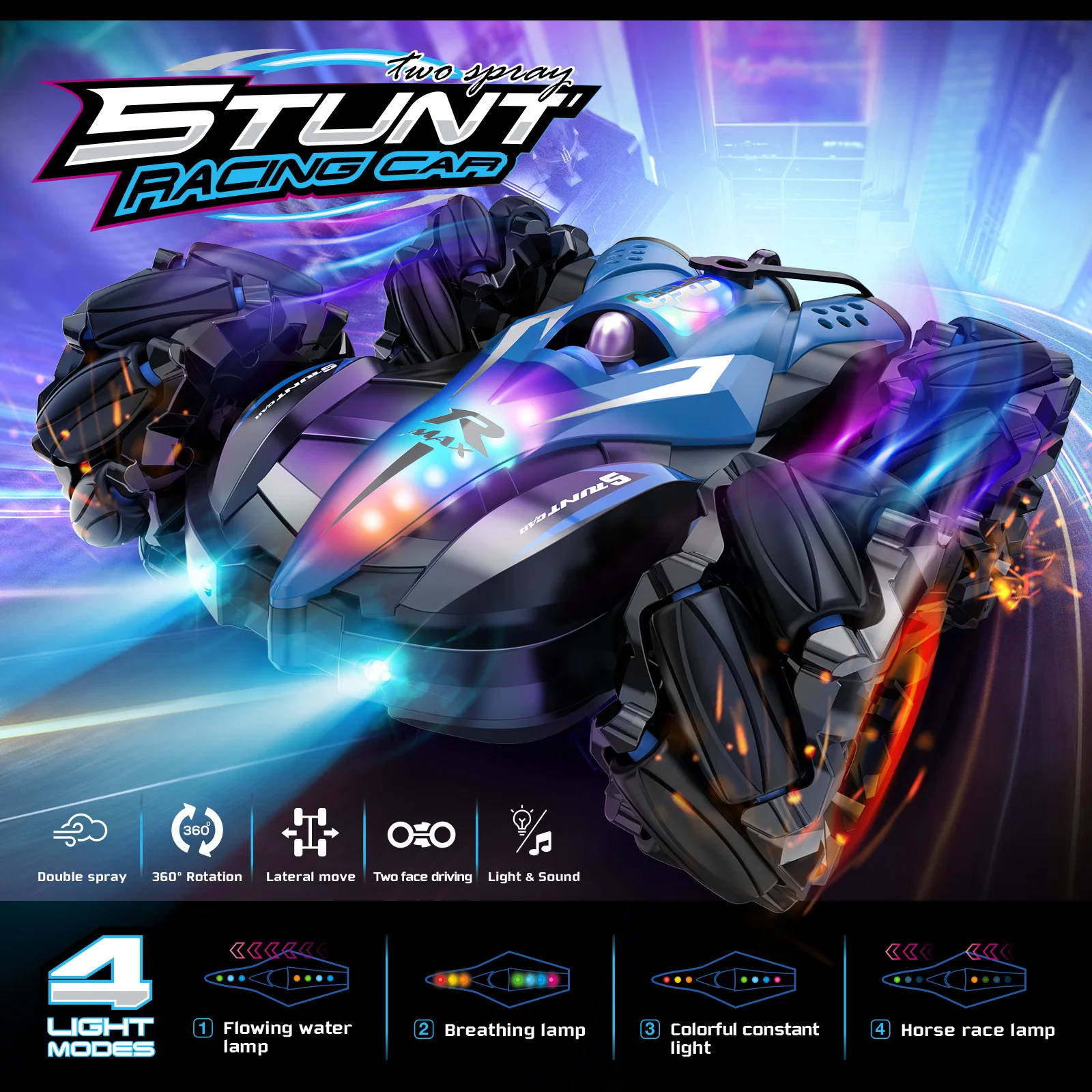 

F1 Dual-Sided RC Car, Gesture Sensing Control, Double Spray Effect, Stunt Drift with LED Lights & Music, Electric Remote Vehicle