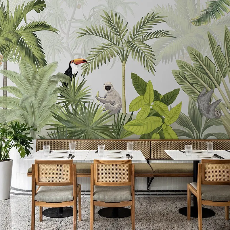 Banana leaf wallpaper background wall covering tropical rainforest wallpaper forest green plant restaurant hotel mural