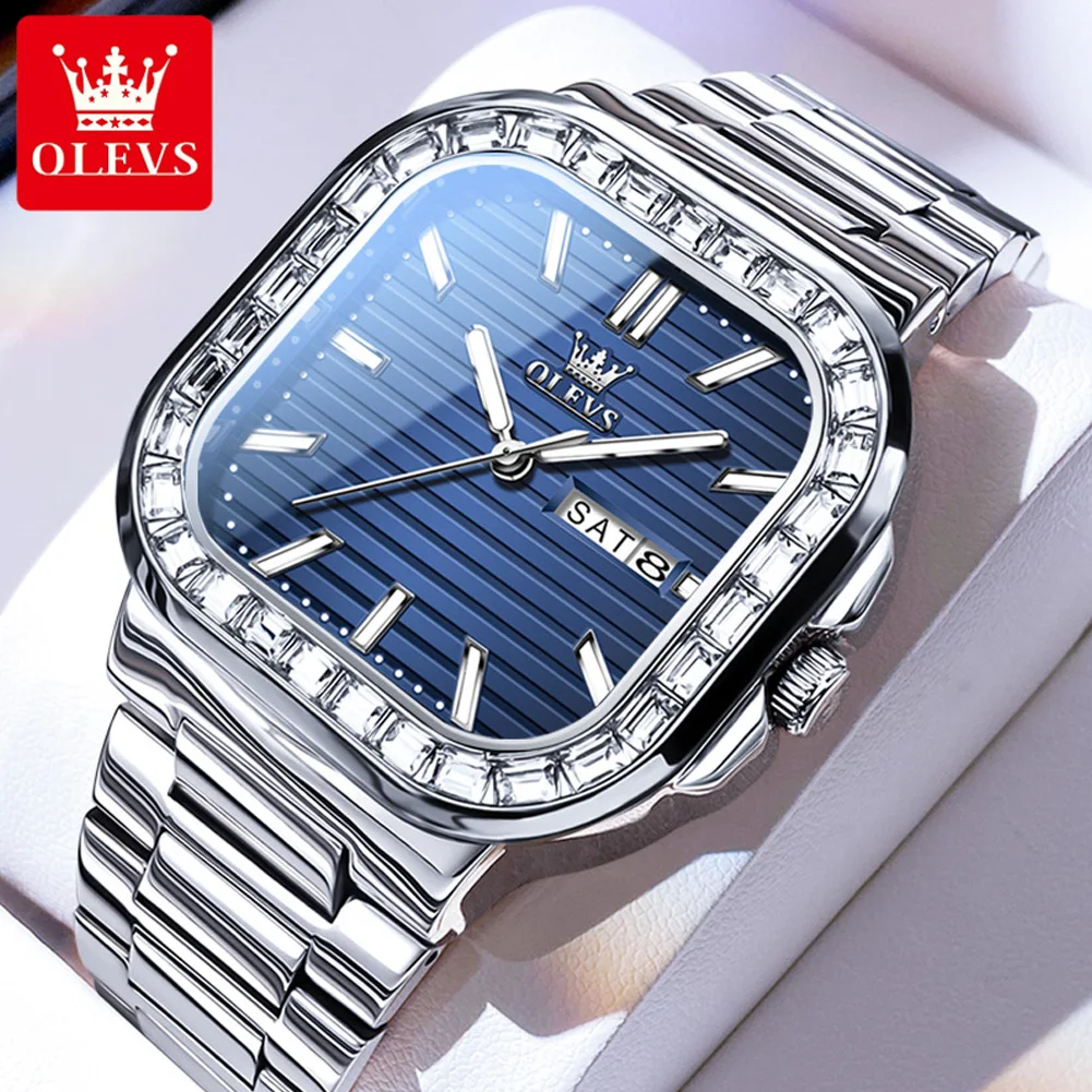 

OLEVS 9966 Quartz Watch for Men Luxury Diamond Square Dial Dual Calendar Display Textured Bracelet Original Men's Wristwatches