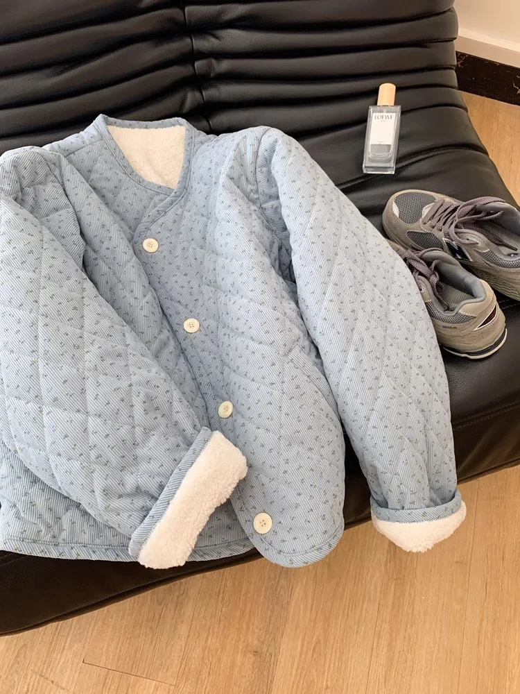 الأزهار طباعة فرو الضأن طوق القطن Jaet جولة Ne الرجال النساء الدافئة الخريف الشتاء معطف الكورية Sle فضفاضة تناسب على الانترنت الحصري