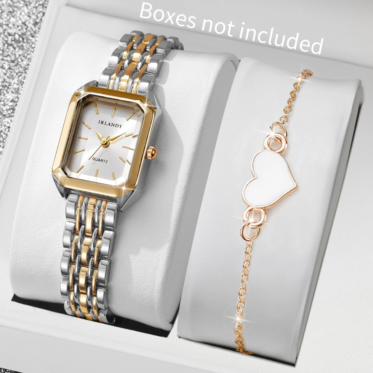 

2 шт., модные прямоугольные женские часы, комплект с браслетом в форме сердца, стальной ремешок, женские кварцевые наручные часы Reloj Mujer для девочек (без коробки)