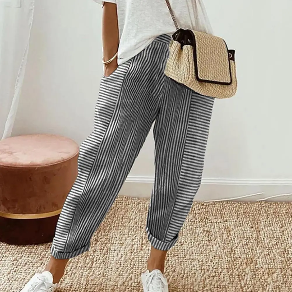 

Pocket Seam Trousers Stylish Women's Wide Leg Striped Print Harem Pants with Pockets Elegant Drawstring Cropped for Office