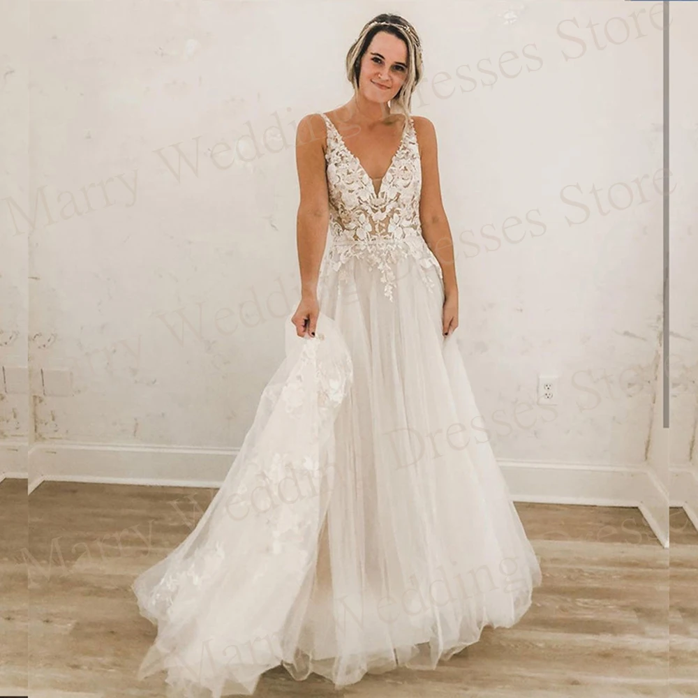 2024 elegante moderno A Line abiti da sposa da donna Sexy scollo A v profondo Appliques di pizzo abiti da sposa senza maniche Backless Tulle smileslimt