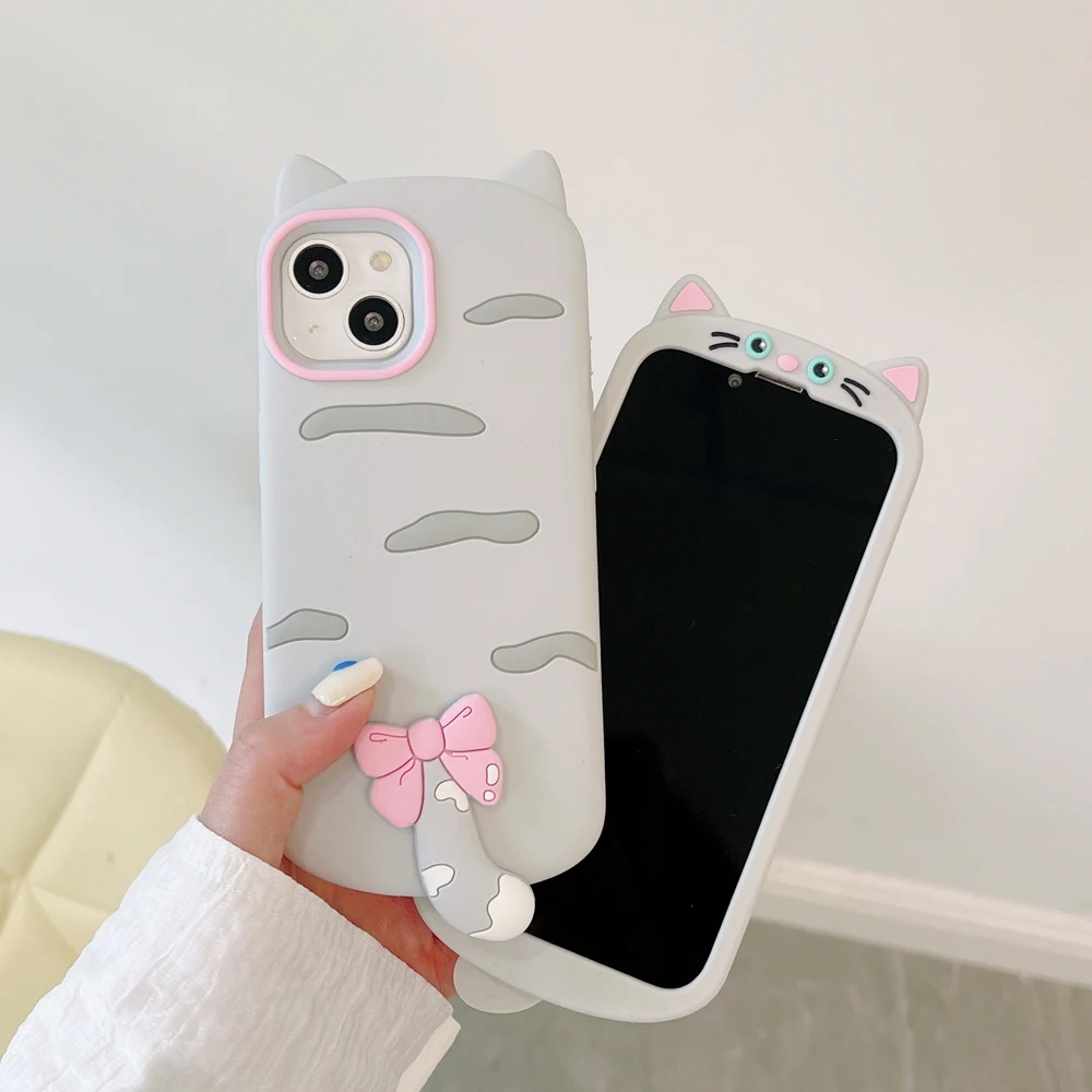 

Soft Silicone Phone Back Cover, Shockproof Skin Shell, 3D Cute Cartoon Animal Case, Cat, iPhone 11, 12, 13Pro, 14, 15 16pro Max
