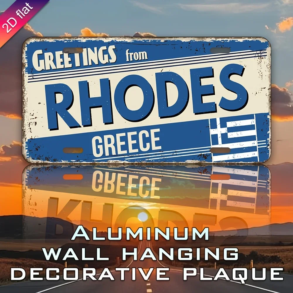 Metal Aluminum License Plate Wall Decor - UV Printed  Greetings from Rhodes Greece Design with Greek Flag & Musical Notes, Indoo